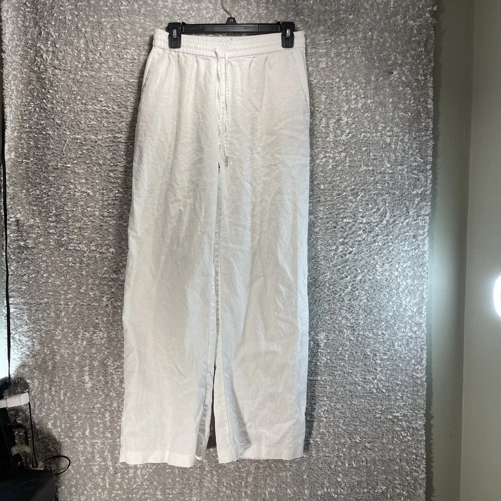 ZARA Linen Blend Wide Leg Pull On Pants M Beach Lagenloonk Coastal Preppy Pocket